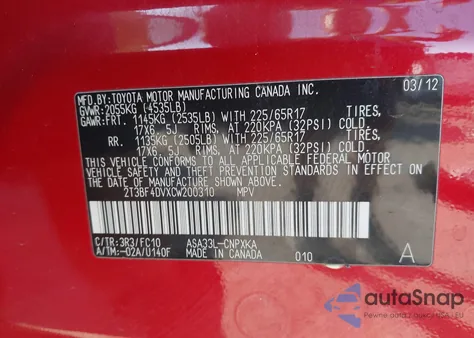 2012 Toyota Rav4 from USA, damaged, VIN 2T3BF4DVXCW200310